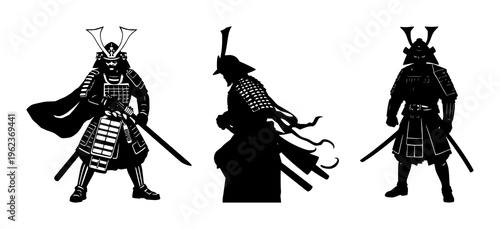 Samurai set with solid black silhouette of ceremonial armor featuring martial, Japanese warrior, traditional design with clean sharp edges and white background