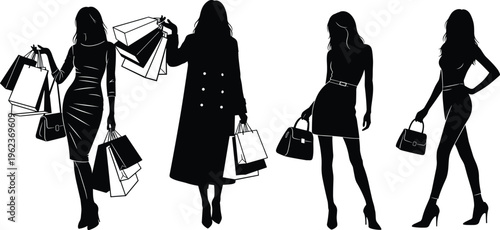 Set of Fashionable Women Silhouettes Carrying Shopping Bags and Handbags Featuring Elegant Models in Stylish Poses for Retail Sales and Boutique Marketing