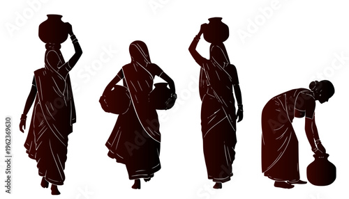 Silhouettes of women carrying water pots, representing daily life and cultural traditions in rural India