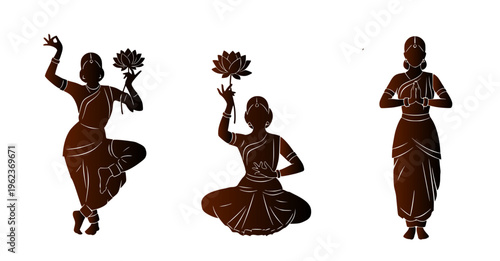 Elegant Silhouettes of Indian Classical Dancers Performing Traditional Poses with Grace and Cultural Artistry, Capturing Expressive Movement and Spiritual Devotion