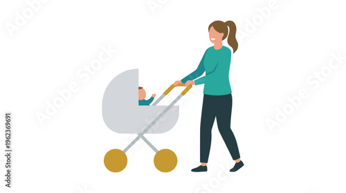 Mother happily pushing a baby stroller with a smiling infant inside, enjoying a leisurely walk outdoors
