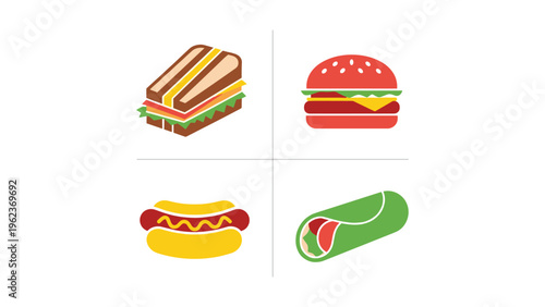 Delicious assortment of four stylized food items including sandwiches and wraps.