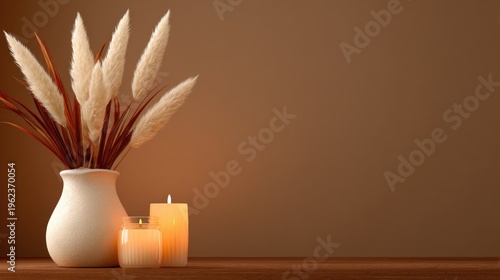 Elegant vase with decorative plants and burning candles on a warm background