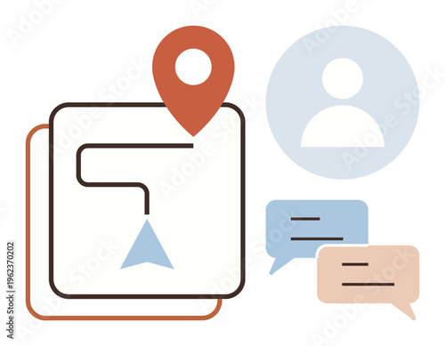 Navigation, communication, user experience, online interaction, customer support, geolocation. Minimalist design showing a map with a pin, user icon and chat bubbles. Navigation and communication