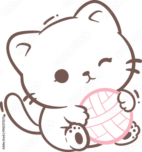 Cute Cat Holding Yarn Ball Illustration