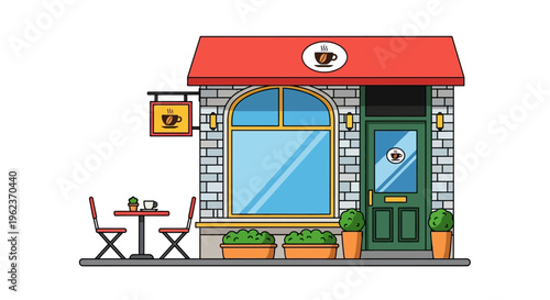 a cartoon coffee shop with a red roof.