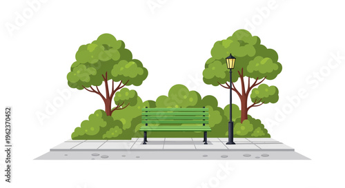 a green bench sitting on a sidewalk.