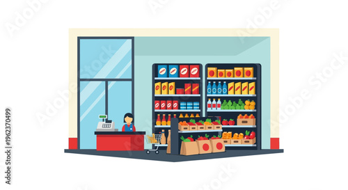 Convenience store interior with cashier.