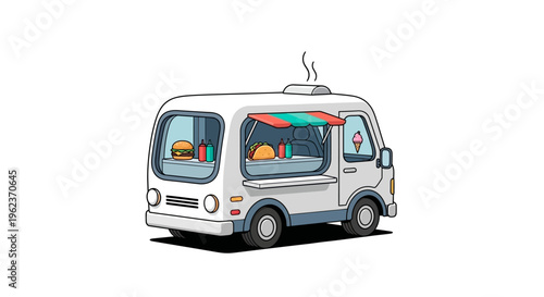 A cartoon camper van on the road.