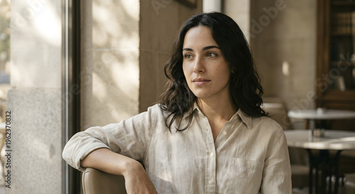 Retrato mediterráneo auténtico de mujer con piel oliva y luz natural.