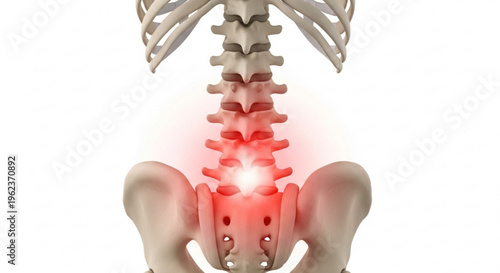 A medical illustration of a human spine with a highlighted area of pain or inflammation in the lower back