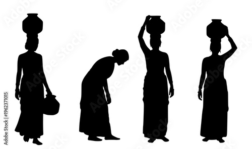 Silhouettes of traditional women carrying water pots on their heads, depicting daily life and cultural practices in rural communities