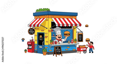 Colorful illustration of a food cart.