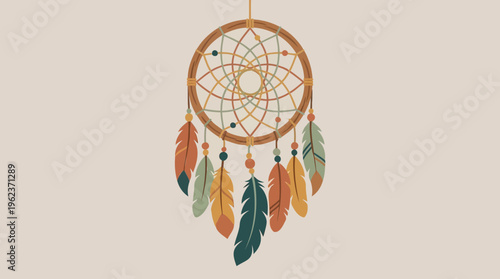 Bohemian Dreamcatcher Illustration with Feathers and Beads, Ethnic Talisman for Spiritual Protection and Peaceful Dreams