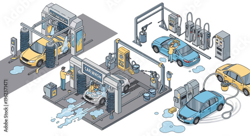 cars being serviced at a car wash and repair shop with workers.