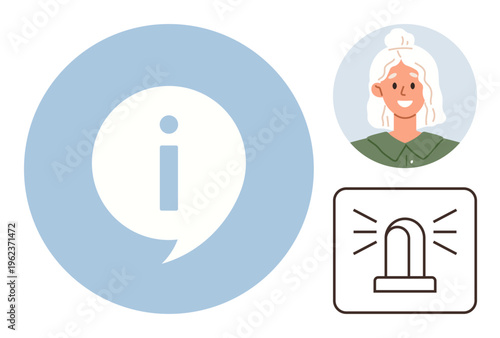 Communication tools, emergency notifications, technical support, user guides, public alerts, informational services. A speech bubble with an information icon, a smiling face, an alert symbol