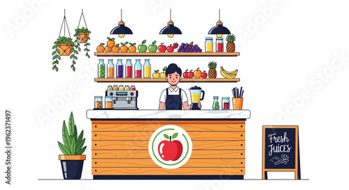 Fresh juice bar with fruit and plants.