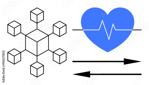 Blockchain, digital health, data security, medical technology, information exchange, decentralized systems. Black cube network, blue heart with heartbeat line and directional arrows. Blockchain
