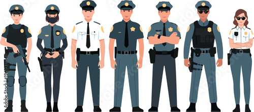 Cartoon police officers vector set featuring policeman and policewoman characters in uniform, security and law enforcement concept illustration