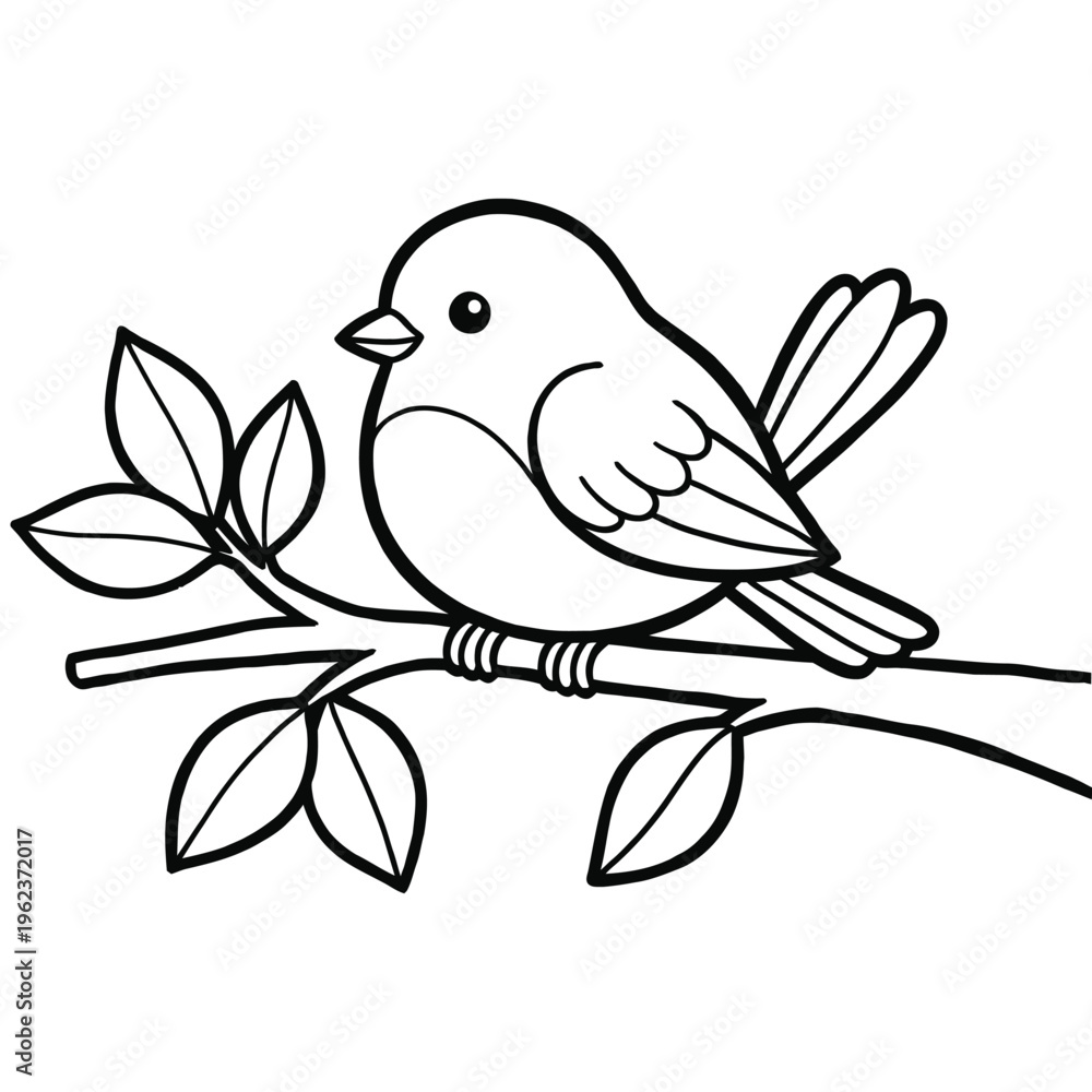 Obraz premium Cute Little Bird Perched on a Branch with Leaves - Coloring Page