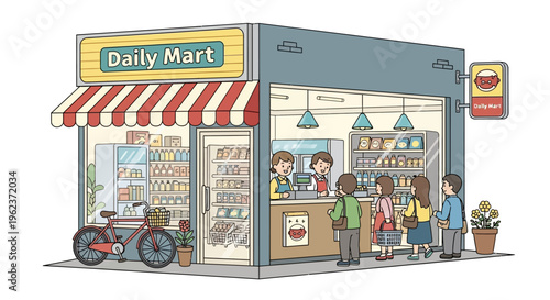 Convenience store with people outside.