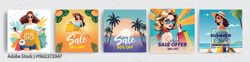 Set of Summer sale  social media posts, banner, ads template bundle with summer fashion outfit women illustration collections for  special summer offer promotion advertising vector template bundle