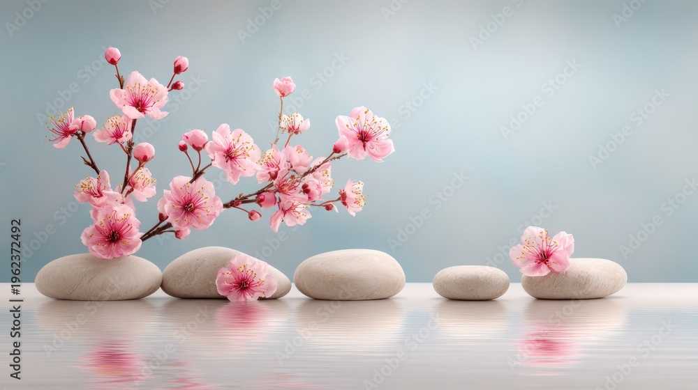 Canvas schilderij met Pink cherry blossom flowers arranged on white stones against a blue backdrop #1962372492
