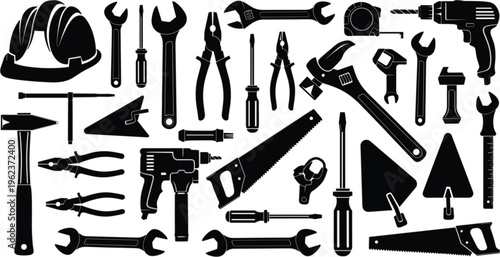 Construction and repair hand tool silhouettes set including hammer wrench pliers screwdriver saw drill helmet and workshop equipment vector collection