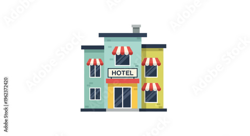 A colorful cartoon illustration of a hotel building.