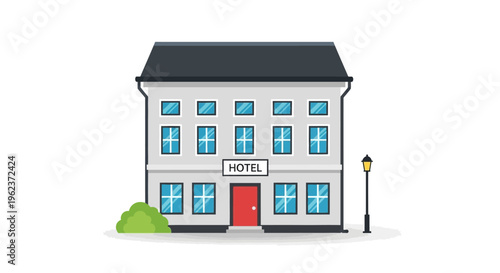 A cartoon illustration of a hotel building.