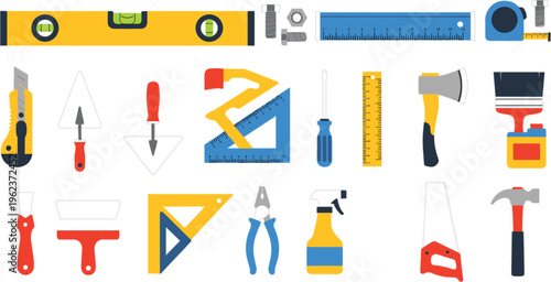Construction and repair tools illustration set including hammer saw pliers screwdriver ruler level cutter and workshop equipment vector collection