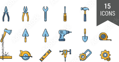 Construction and repair tools icon set including pliers wrench screwdriver hammer drill saw level gear and workshop equipment vector illustration
