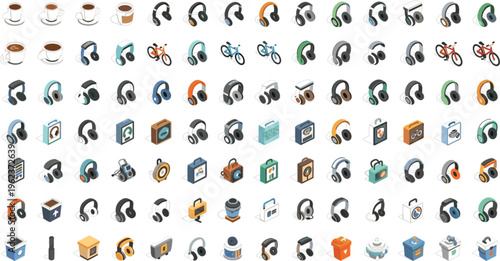 Isometric headphones and audio device icons set including wireless headset speakers gadgets and music technology equipment vector collection