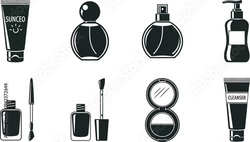 Black and white makeup cosmetics icons set with perfume and skincare products for beauty and fashion concept