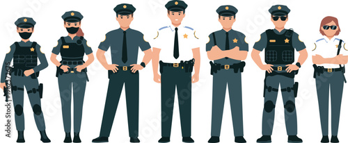 Cartoon police officers vector set featuring policeman and policewoman characters in uniform, security and law enforcement concept illustration