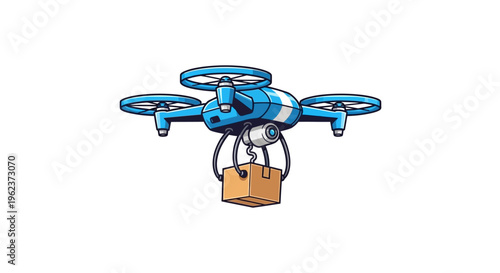 A blue drone carrying a brown bag.