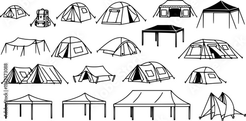 Collection of diverse tent and canopy icons for outdoor events and camping adventures
