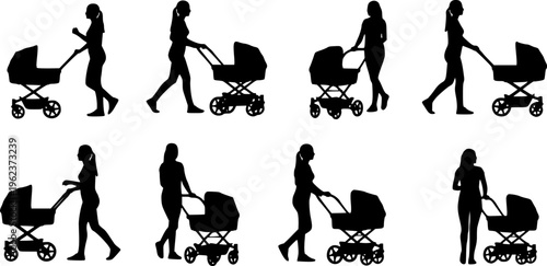 Mother pushing baby stroller silhouette set showing walking women in different poses, parenting lifestyle, childcare routine, family activity, black vector illustration isolated on white background 