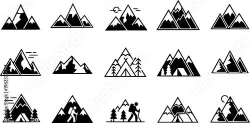 Set of stylized mountain and snowy peak vector icons, black and white minimal style collection of outdoor adventure and travel symbols, geometric nature shapes 