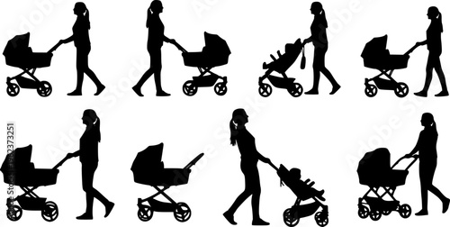 Mother pushing baby stroller silhouette set showing walking women in different poses, parenting lifestyle, childcare routine, family activity, black vector illustration isolated on white background 