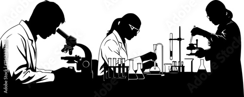 Silhouette vector illustration of scientists working in laboratory, researchers conducting experiments, analyzing samples, and using microscope for scientific research and innovation