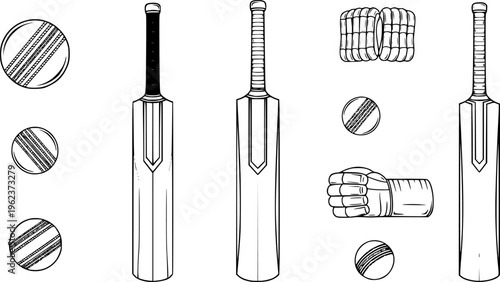 Cricket bat and ball vector illustration set, monochrome sports equipment collection, wooden bats outline design, classic cricket gear artwork
