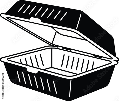 An open black and white clamshell food container commonly used for takeout and delivery services