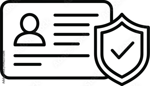 Simple black and white line art depicting an identification card with a shield symbol high quality