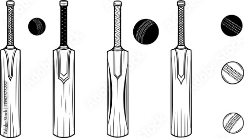 Cricket bat and ball vector illustration set, monochrome sports equipment collection, wooden bats outline design, classic cricket gear artwork
