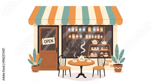 Cozy cafe exterior with outdoor seating.