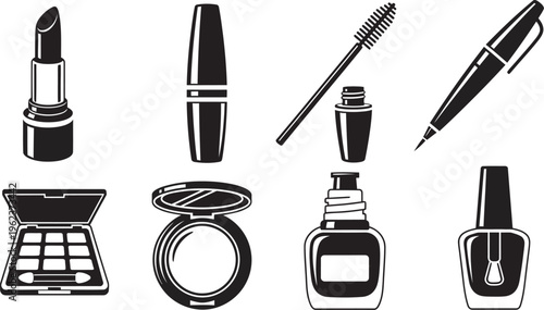 Black and white makeup cosmetics icons set with lipstick, mascara, eyeliner, eyeshadow, compact powder, nail polish and nail file on white background