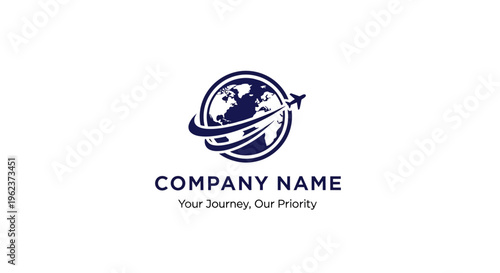Company logo with airplane and globe.