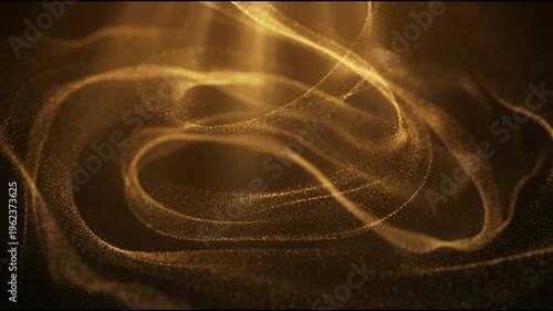 Soft golden particle ribbons forming layered circular and spiral loops with drifting dust in deep space in smooth seamless cinematic motion
