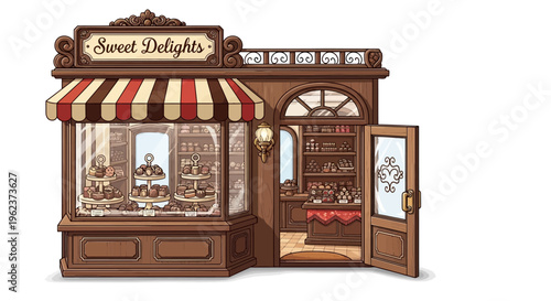 chocolate shop storefront with open door.